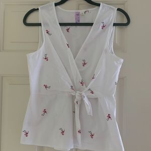Flamingo Patterned Wrap Front Knot Sleeveless Top